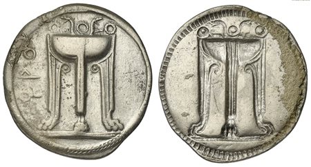 Bruttium, Kroton, Stater, ca. 530-500 BC; AR (g 7,60; mm 30; h 12); ϘPO, Tripod, legs terminating in lion's feet, serpents rising from bowl; Rv. Incuse tripod as obverse. HNItaly 2075; SNG ANS 227-34. Encrustation, good very fine