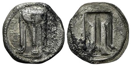 Bruttium, Kroton, Stater, ca. 530-500 BC; AR (g 7,33; mm 31; h 12); ϘPO, Tripod, legs terminating in lion's feet, serpents rising from bowl; Rv. Incuse tripod as obverse. HNItaly 2075; SNG ANS 227-34. Good fine