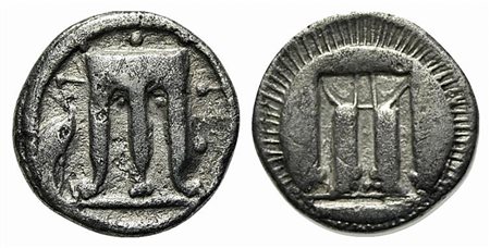 Bruttium, Kroton, Drachm, ca. 480-430 BC; AR (g 2,32; mm 14; h 1). ϘPO (retrograde), Tripod with legs terminating in lion’s feet; to l., heron standing r.; Rv. Incuse tripod. HNItaly 2103; SNG ANS 303. Very fine