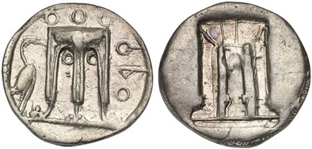 Bruttium, Kroton, Stater, ca. 480-430 BC; AR (g 7,84; mm 22; h 12); ϘPO (retrograde), Tripod, legs terminating in lion's feet; to l., stork standing r.; Rv. Incuse tripod. HNItaly 2104; SNG ANS 1759-60. Good very fine