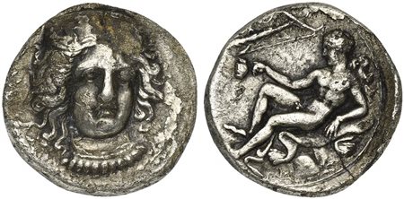 Bruttium, Kroton, Stater, ca. 400-325 BC. AR (g 7,20; mm 20; h 9). Head of Hera Lakinia facing, wearing stephane; on r., KPOTO, Rv. Heracles seated l., holding cup; above, bow and club. HNItaly 2160. Cabinet tone and about extreme