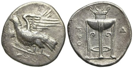 Bruttium, Kroton, Stater, ca. 350-300 BC. AR (g 7.35; mm 24; h 6). Eagle with spread wings standing l., holding branch in its talons; Rv. Tripod; KPO to l., Δ to r. HNItaly 2172; SNG ANS 360. Very fine