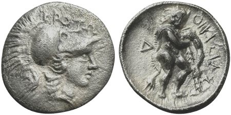 Bruttium, Kroton, Triobol, ca. 300-250 BC; AR (g 0,90; mm 13; h 12); Helmeted head of Athena r.; Rv. Herakles standing r., leaning on club set on ground. HNItaly 2200; SNG ANS 427. Good very fine
