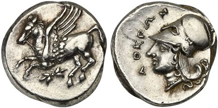 Bruttium, Lokroi Epizephyrioi, Stater, ca. 350-275 BC. AR (g 8,52; mm 21; h 4). Pegasos flying l.; below, thunderbolt, Rv. ΛOKPΩN, head of Athena l., wearing Corinthian helmet with neck guard. Pegasi 13; HNItaly 2342. Lightly tone