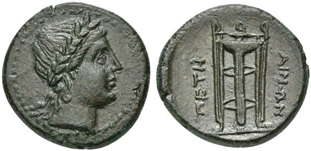 Bruttium, Petelia, late 3rd century BC; AE (g 4,96; mm 19; h 10); Laureate head of Apollo r. Ev. ΠETHΛINΩN, Tripod. HNItaly 2455; SNG ANS 603. Extremely fine