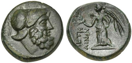 Bruttium, Petelia, late 3rd century BC; AE (g 3,79; mm 16; h 6); Helmeted head of Ares r. Ev. ΠETHΛINΩN, Nike standing l., holding wreath. HNItaly 2456; SNG ANS 607. Good very fine