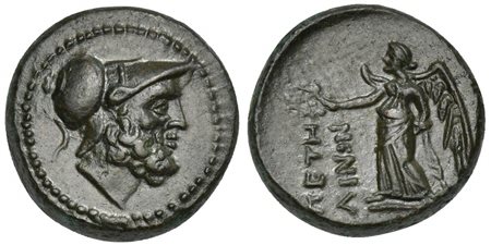 Bruttium, Petelia, late 3rd century BC; AE (g 3,74; mm 16; h 10); Helmeted head of Ares r. Ev. ΠETHΛINΩN, Nike standing l., holding wreath. HNItaly 2456; SNG ANS 607. Extremely fine