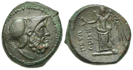 Bruttium, Petelia, late 3rd century BC; AE (g 4.95; mm 16; h 1); Helmeted head of Ares r. Ev. ΠETHΛINΩN, Nike standing l., holding wreath. HNItaly 2456; SNG ANS 607. Extremely fine
