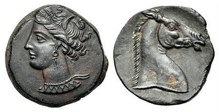 Carthaginian Domain, Sardinia, ca. 264-241 BC; AE (g 5,21; mm 19; h 7). Wreathed head of Kore-Tanit l.; Rv. Head of horse r. Piras 1; SNG Copenhagen (Africa) 149-150. Tooled, extremely fine