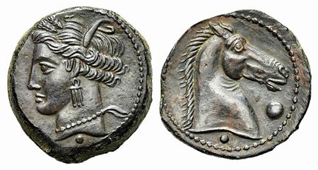 Carthaginian Domain, Sardinia, ca. 264-241 BC; AE (g 4,07; mm 18; h 9). Wreathed head of Kore-Tanit l.; pellet below; Rv. Head of horse r.; large pellet before, small pellet below. Piras 13; SNG Copenhagen (Africa) -. Tooled, extr