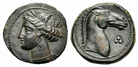 Carthaginian Domain, Sardinia, ca. 264-241 BC; AE (g 4,36; mm 20; h 6). Head of Tanit l.; Rv. Horse’s head r.; three pellets to r. Piras 19; SNG Copenhagen (Africa) 154-5. Tooled, extremely fine