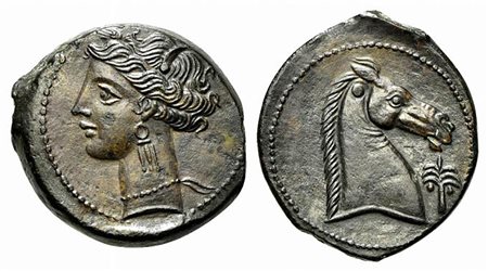 Carthaginian Domain, Sardinia, ca. 264-241 BC; AE (g 4,93; mm 21; h 2). Wreathed head of Kore-Tanit l.; Rv. Head of horse r.; palm-tree before. Piras 21; SNG Copenhagen (Africa) 173, 177, 178. Tooled, extremely fine