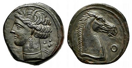 Carthaginian Domain, Sardinia, ca. 264-241 BC; AE (g 4,61; mm 19; h 9). Wreathed head of Kore-Tanit l.; three pellets behind; Rv. Head of horse r.; letter before. Piras 61; SNG Copenhagen (Africa) 165. Tooled, extremely fine