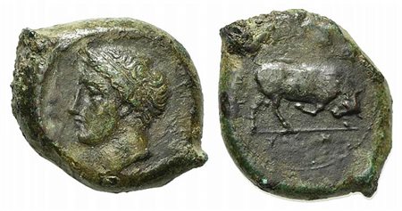 Sicily, Adranon, Bronze, ca. 339-317 BC; AE (g 9,80; mm 21; h 3). Head of horned river-god l., wearing tainia; Rv. Bull charging r. Campana 7; CNS 4; SNG ANS -; HGC 2, 38. Green patina, very fine