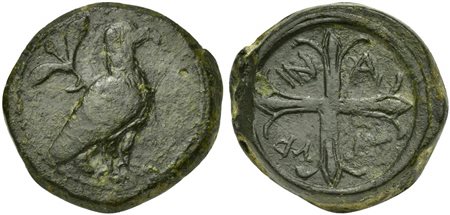 Sicily, Agyrion, Hemilitron, ca. 440-420 BC. AE (g 17,42; mm 17,41). Eagle standing l.; above, olive-sprig, Rv. ΑΓ - ΥΡ - ΙΝ - ΑΙ  Wheel of four spokes. CNS 2; HGC 49; SNG ANS 1166. Dark green patina and about extremely fine.