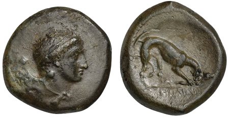 Sicily, Agyrion, Hemilitron, ca. 338-317 BC. AE (g 14,93; mm 28; h 5). Male head r. R/ AΓYPINAIΩN, Hound scenting r. Campana 12; CNS 12; SNG ANS -; HGC 2, 50. Ex cng 97, lot 18 (from the trinacria collection); ex NAC 7 (1 march 19
