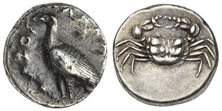 Sicily, Akragas, Didrachm, ca. 510-495 BC. AR (g 8,75; mm 20; h 9). AKRAC - ANTOΣ eagle standing l., Rv. crab within incuse circle. Westermark, Coinage, Period I, Group I (O10/R27). Cabinet tone, double struck on reverse,otherwise
