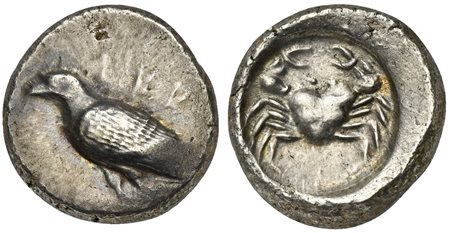 Sicily, Akragas, Didrachm, ca. 495-485 BC. AR (g 8,83; mm 21; h 5). AKRA, eagle standing l., Rv. crab within incuse circle. Westermark, Coinage, Period I, Group II, 102.1 (O43/R63) (same dies). Cabinet tone, struck with worn obver