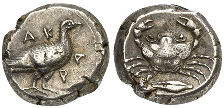 Sicily, Akragas, Didrachm, ca. 480/478-470 BC. AR (g 8,45; mm 17; h 6). AK - RA, eagle standing r., Rv. crab; below barley grain; all within incuse circle. Westermark, Coinage, Period I, Group IV, 272.1 (O89/R186). Cabinet tone, w