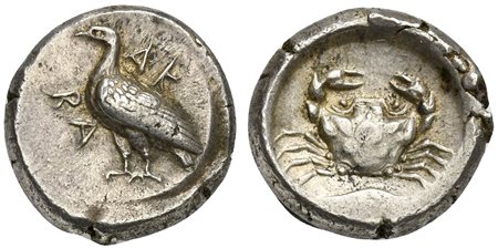 Sicily, Akragas, Didrachm, ca. 480/478-470 BC. AR (g 8,74; mm 18; h 2). AK - RA, eagle standing l., Rv. crab within incuse circle. Westermark, Coinage, Period I, Group IV, (O84/R165). Cabinet tone and extremely fine. 