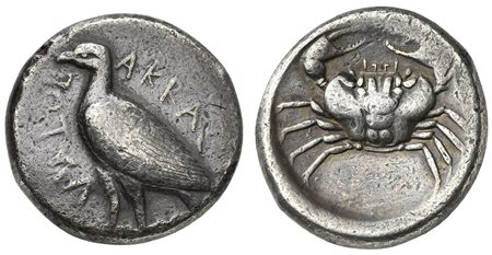Sicily, Akragas, Tetradrachm, ca. 465/460–445/440 BC. AR (g 17,58; mm 25; h 7). AKRAC - ANTOΣ, eagle standing l., Rv. crab within incuse circle. Westermark, Coinage, Period II, Group II, 340.7 (O8/R30). Cabinet tone and about extr