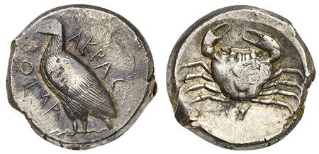 Sicily, Akragas, Tetradrachm, ca. 465/460–445/440 BC. AR (g 17,46; mm 27; h 12). AKRAC - ANTOΣ, eagle standing l., Rv. crab within incuse circle. Westermark, Coinage, Period II, Group II, 350.1 (O10/R27). Cabinet tone, well struck