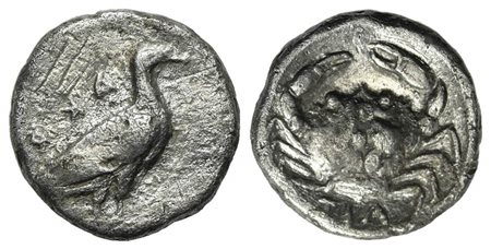 Sicily, Akragas, Litra, ca. 450/46-439 BC; AR (g 0,78; mm 10; h 9). AKR[A] (retrograde), Sea eagle standing r.; Rv. Crab; IΛ below. Westermark, Coinage, 454; cf. HGC 2, 121. Rare, scratches, very fine