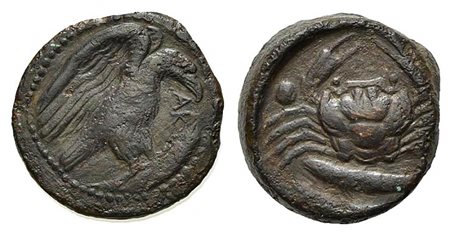 Sicily, Akragas, Hexas, ca. 425-406 BC. AE (17mm, 7.09g, 9h). AK[RA], Eagle standing r. on fish; Rv. Crab; two fish below. CNS 74; HGC 2, 148. Very fine