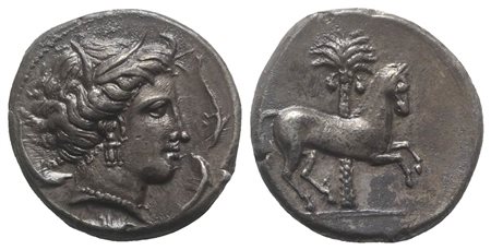 Sicily, Entella, Tetradrachm, ca. 345/38-320/15 BC. AR (g 17,19; mm 27,5; h 3). Head of Arethousa r., wearing wreath of grain ears, triple-pendant earring, and pearl necklace; four dolphins swimming around; Rv. Horse prancing r.; 