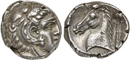 Sicily, Entella, Tetradrachm, ca. 300-289 BC. AR (g 16,51; mm 26; h 10); Head of Herakles r., wearing lion skin Rv. Head of horse l.; palm tree to r., ‘MMḤNT (in Punic) below. Jenkins, Punic 308; HGC 2, 293. Die-breaks, very fine