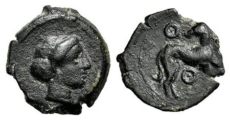 Sicily, Eryx, Hexas, ca. 410-400 BC. AE (g 3,24; mm 16,5; h 3). Female head r.; Rv. Hound advancing r., head l.; annulet above and below. CNS 12; HGC 2, 313. Very fine