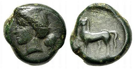 Sicily, Eryx, 4th century BC. AE (g 5,80; mm 16; h 6). Female head l.; Rv, Horse stepping l. Campana 51; CNS 19; SNG ANS -; HGC 2, 327. Green patina, near very fine