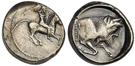 Sicily, Gela, Didrachm, ca. 490/85-480/75 BC; AR (g 8,66; mm 21; h 9); Nude horseman galloping r., brandishing a spear overhead; Rv. [CE]ΛAΣ, Forepart of man-headed bull r. Jenkins, Gela, Group Id; HGC 2, 363. Very fine