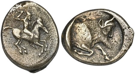 Sicily, Gela, Didrachm, ca. 490/85-480/75 BC; AR (g 8,26; mm 23; h 3); Nude horseman galloping r., brandishing a spear overhead; Rv. [CE]ΛAΣ, Forepart of man-headed bull r. Jenkins, Gela, Group Id; HGC 2, 363. Very fine