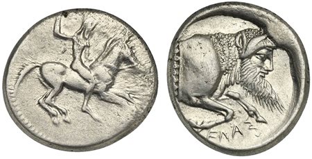 Sicily, Gela, Didrachm, ca. 490/85-480/75 BC; AR (g 8,48; mm 21; h 10); Nude horseman galloping r., brandishing a spear overhead; Rv. CEΛAΣ, Forepart of man-headed bull r. Jenkins, Gela, Group Id; HGC 2, 363. Good very fine