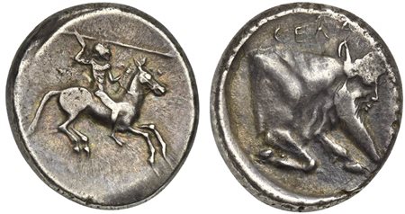 Sicily, Gela, Didrachm, ca. 490/485-480/475 BC. AR (g 8,48; mm 20; h 12). Nude horseman galloping r., brandishing a spear overhead, Rv. CΕΛΑΣ, Forepart of man-headed bull r. Jenkins, Gela, Group I, 38 (O27/R45). Cabinet tone and w