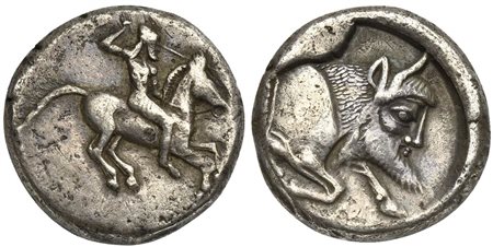 Sicily, Gela, Didrachm, ca. 490-475 BC. AR (g 8,53; mm 20; h 11). Nude horseman galloping r., brandishing a spear overhead, Rv. CΕΛΑΣ, Forepart of man-headed bull r. Jenkins, Gela, Group I, 96 (O29/R51). Cabinet tone and about ext