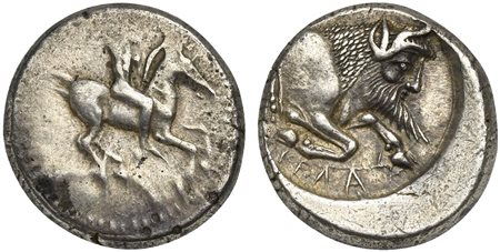 Sicily, Gela, Didrachm, ca. 490/485-480/475 BC. AR (g 8,69; mm 20; h 6). Nude horseman galloping r., brandishing a spear overhead, Rv. CΕΛΑΣ, Forepart of man-headed bull r. Jenkins, Gela, Group I, 99 (O30/R54). Lightly toned, mino