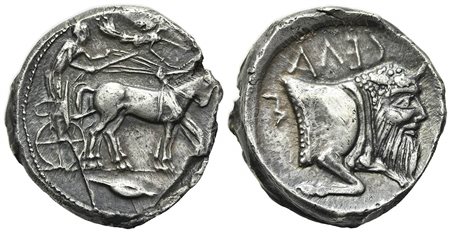 Sicily, Gela, Tetradrachm, ca. 440-430 BC. AR (g 17,30; mm 25; h 12). Charioteer driving quadriga r.; above, Nike flying r., crowning horses; Rv. CEΛAΣ (retrograde), Forepart of man-headed bull r. Jenkins, Gela 378; SNG ANS 71. To