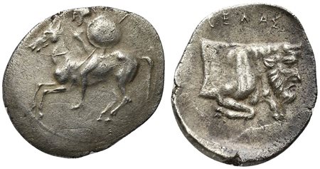 Sicily, Gela, Litra, ca. 430-425 BC; AR (g 0,71; mm 14; h 9); Warrior on horseback l., holding shield; Rv. CEΛAΣ, Forepart of man-headed bull r. SNG ANS 82; HGC 2, 374. Good very fine