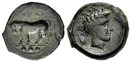 Sicily, Gela, Tetras, ca. 420-405 BC; AE (g 4,52; mm 17,5; h 6). ΓEΛAΣ, Bull standing l., head lowered; three pellets in exergue; Rv. Head of horned river god r., wearing tainia; barley grain behind. CNS 10; SNG ANS 106; HGC 2, 37