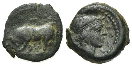 Sicily, Gela, Onkia, ca. 420-405 BC; AE (g 1,32; mm 12; h 6). Bull standing l.; Rv. ΓEΛAΣ, Horned head of Gelas r. CNS 16; HGC 2, 382. Very fine