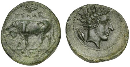 Sicily, Gela, Tetras, ca. 420-405 BC; AE (g 2,99; mm 18; h 3); ΓEΛAΣ, Bull standing l., head lowered; barley grain above, three pellets in exergue Rv. Head of the river-god Gelas r., hair flowing behind; grain ear behind. CNS 32; 