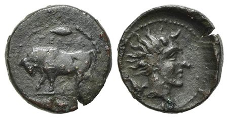 Sicily, Gela, Onkia, ca. 420-405 BC; AE (g 1,06; mm 11; h 5); ΓEΛAΣ, Bull standing l., head lowered; barley grain above, three pellets in exergue Rv. Head of the river-god Gelas r., hair flowing behind; grain ear behind. CNS 33; S