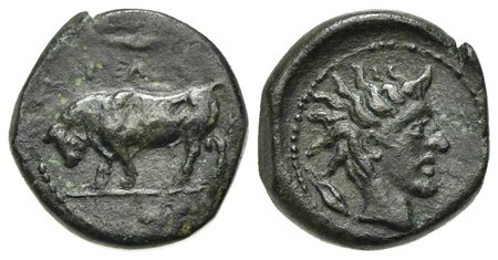 Sicily, Gela, Onkia, ca. 420-405 BC; AE (g 1,16; mm 10,5; h 10); ΓEΛAΣ, Bull standing l., head lowered; barley grain above, three pellets in exergue Rv. Head of the river-god Gelas r., hair flowing behind; grain ear behind. CNS 33