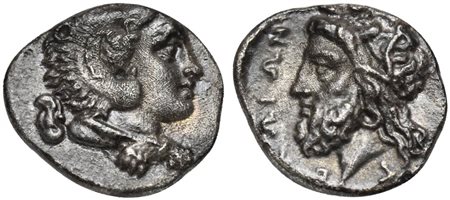 Sicily, Gela, Litra, ca. 339-310 BC; AR (g 0,63; mm 10; h 5); Head of Herakles r., wearing lion skin; astragalos behind. Rv. ΓEΛΩIΩN, Wreathed head of Gelas left. Jenkins, Gela, Group XI, 543; HGC 2, 376A. Very Rare, good very fin