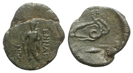 Sicily, Henna, Hemilitron(?), ca. 204-186/0 BC. AE (g 8.55; mm 22.5; h 9). ENNAIΩN, Triptolemos standing facing, holding sceptre; Rv. Plow drawn by two serpents; barley grain below. Campana 8; CNS 5; SNG ANS 1337; HGC 2, 395. Rare