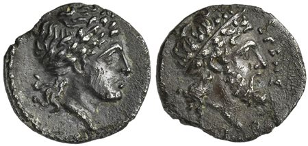 Sicily, Herbessos, Litra, ca. 344-338 BC. AR (g 0,72; mm 11; h 6). Laureate head of Sikelia r., wearing myrtle wreath, Rv. EPBHΣΣOΣ, head of the river-god Herbessos r., wearing taenia. Campana 1; HGC 409. Extremely rare and extrem