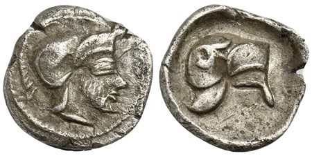 Sicily, Himera, Litra, ca. 430 BC; AR (g 0,68; mm 9; h 9); Helmeted male head r.; RV. Helmet. HGC 2, 446; SNG Lloyd 1029; Jameson 905. Good very fine