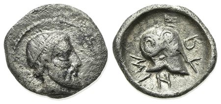 Sicily, Himera, Litra, ca. 430 BC; AR (g 0,67; mm 10,5; h 4). Bearded male head, wearing taenia; Rv. HIMERA, Corinthian helmet. SNG ANS -; SNG Lloyd 1028; SNG Copenhagen 312; HGC 2, 447. Very fine